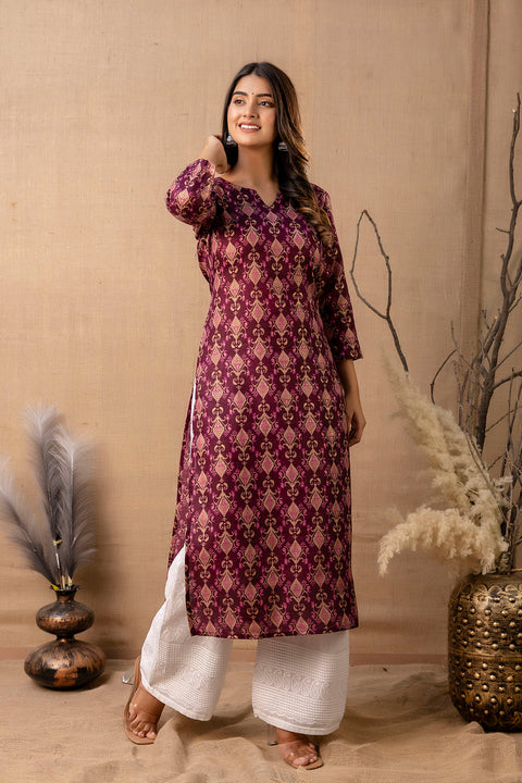 Women Burgundy Printed Straight Kurta