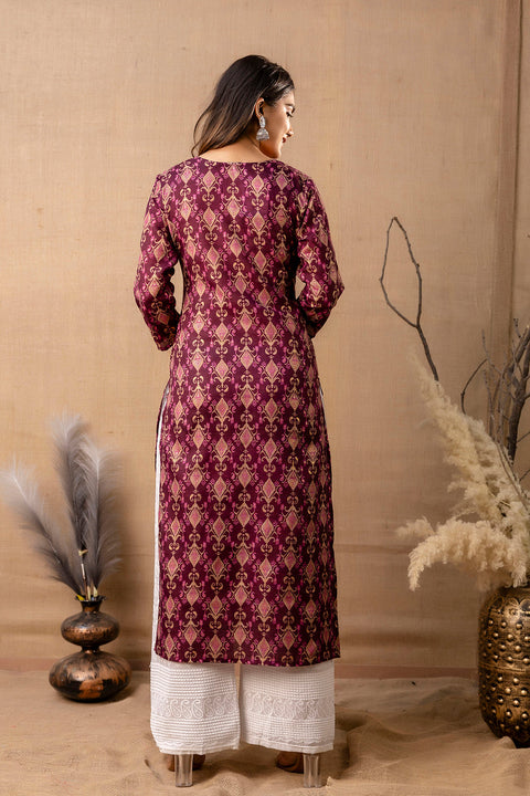 Women Burgundy Printed Straight Kurta