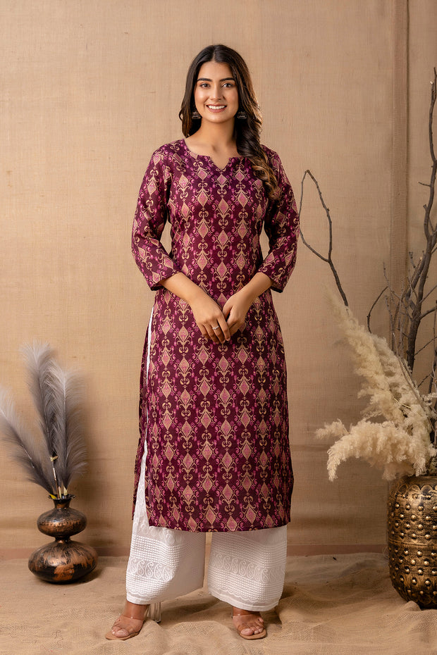 Women Burgundy Printed Straight Kurta