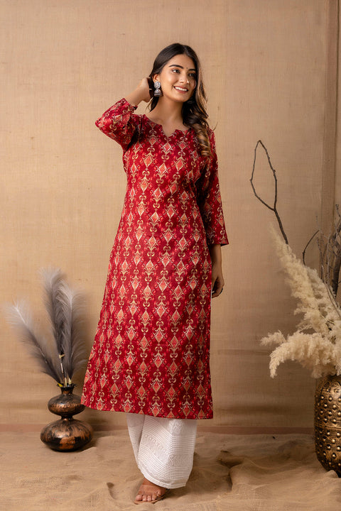 Women Maroon Printed Straight Kurta