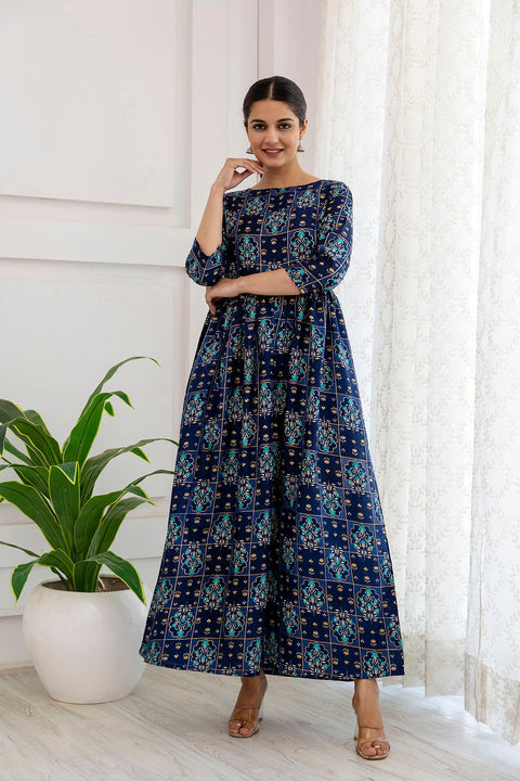 Women Navy Blue Ethnic Printed Flared Dress