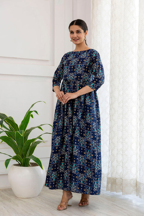 Women Navy Blue Ethnic Printed Flared Dress