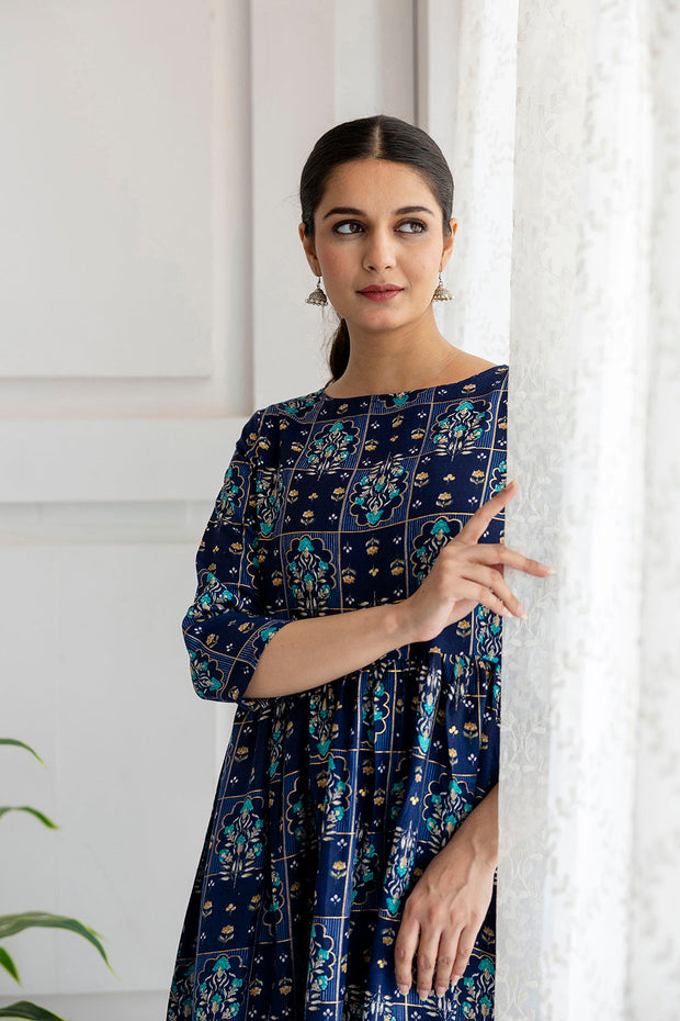 Women Navy Blue Ethnic Printed Flared Dress