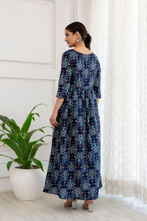 Women Navy Blue Ethnic Printed Flared Dress