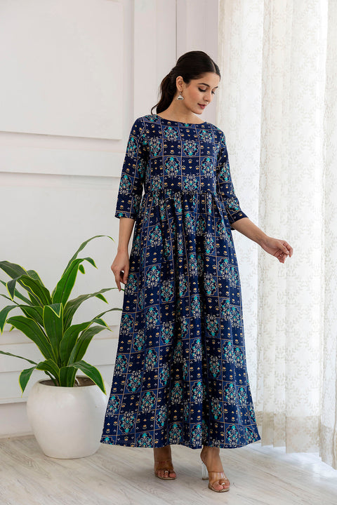 Women Navy Blue Ethnic Printed Flared Dress