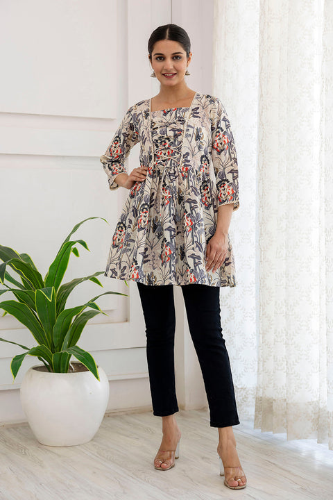 Women Off-White Printed V-Neck Peplum Tunic