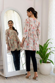 Women Off-White Printed V-Neck Peplum Tunic