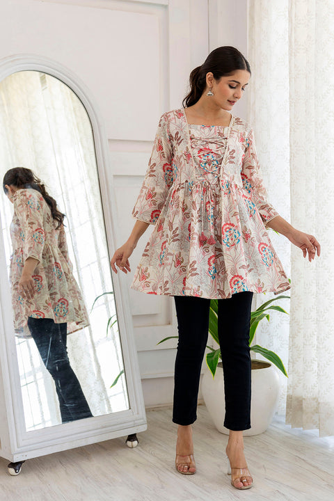 Women Off-White Printed V-Neck Peplum Tunic