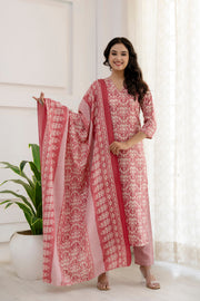 Women Pink Printed Straight Kurta And Trouser With Dupatta