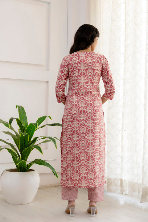 Women Pink Printed Straight Kurta And Trouser With Dupatta