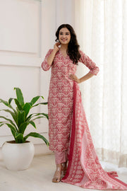 Women Pink Printed Straight Kurta And Trouser With Dupatta