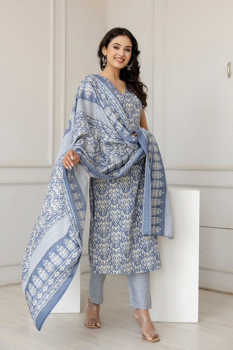 Women Grey Color Printed Straight Kurta With Trouser