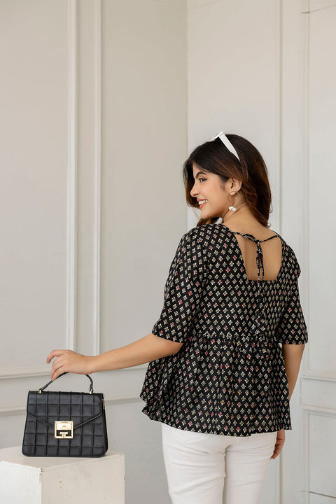 Women Black Printed V-Neck Peplum Tunic