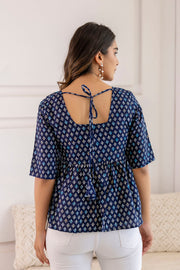 Women Navy Blue Printed V-Neck Peplum Tunic