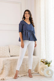 Women Navy Blue Printed V-Neck Peplum Tunic