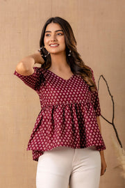 Women Burgundy Printed V-Neck Peplum Tunic