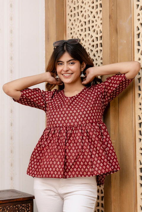 Women Maroon Printed V-Neck Peplum Tunic