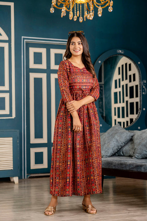 Women Maroon Ethnic Printed Flared Dress