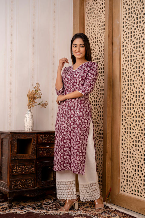 Women Purple Printed Straight Kurta with Three Quarter Sleeves