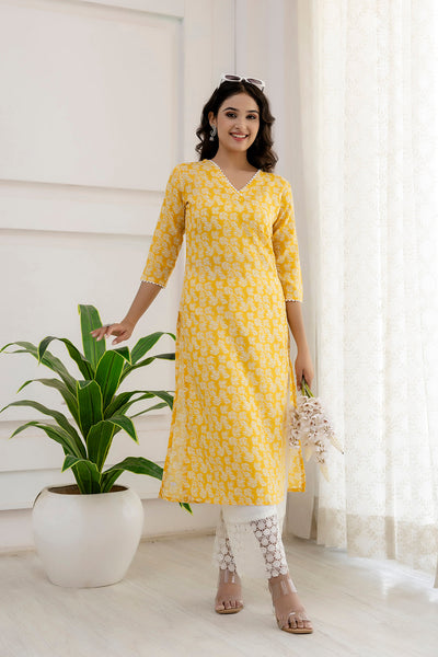 Women Yellow Printed Straight Kurta with Three Quarter Sleeves