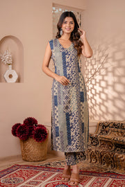 Women Blue Printed Kurta With Trouser