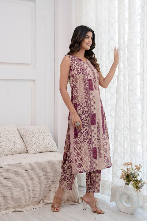 Women Purple Printed Kurta With Trouser