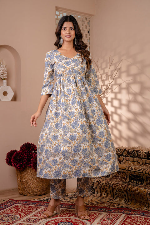 Women Off White Floral Printed Anarkali Kurta And Trouser With Dupatta