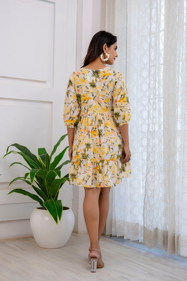 Women Yellow Printed Flared Dress