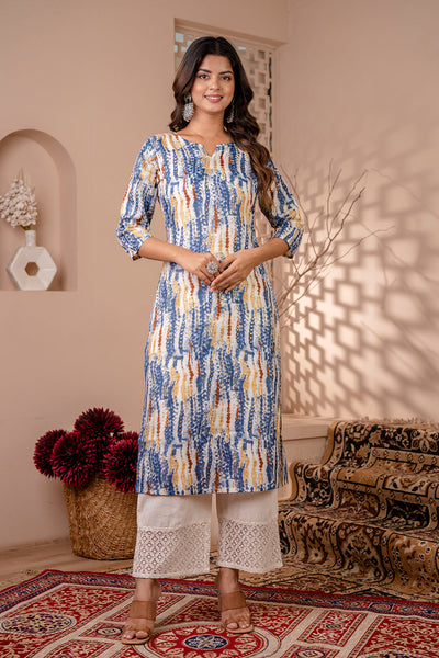 Women Blue Printed Straight Kurta with Three Quarter Sleeves