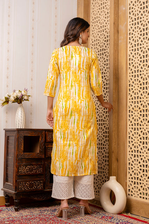 Women Yellow Printed Straight Kurta with Three Quarter Sleeves