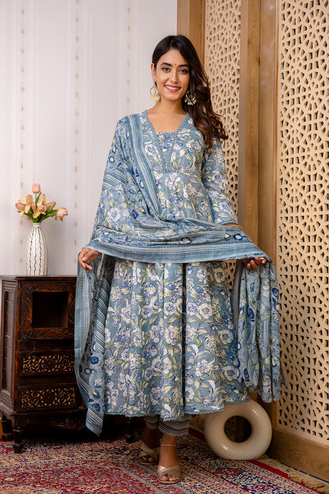 Women Grey Floral Printed Anarkali Kurta And Trouser With Dupatta