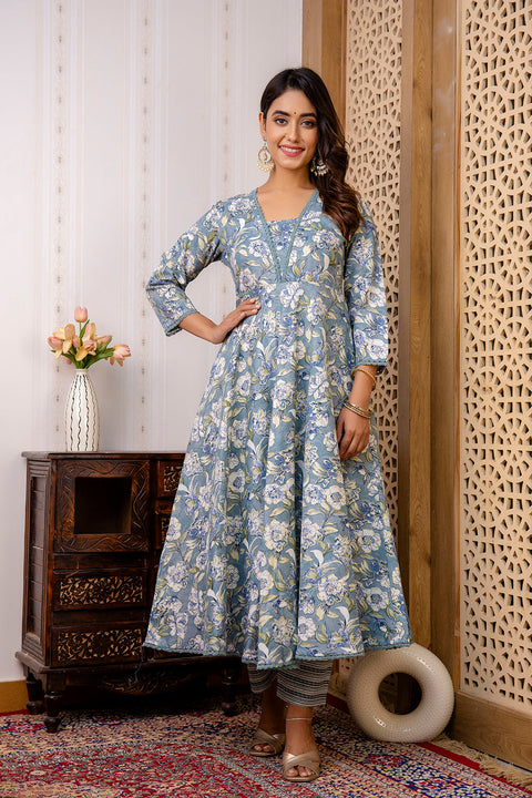 Women Grey Floral Printed Anarkali Kurta And Trouser With Dupatta