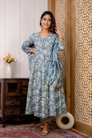 Women Grey Floral Printed Anarkali Kurta And Trouser With Dupatta