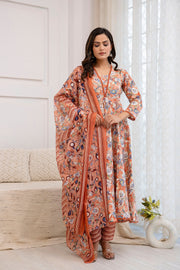 Women Peach Floral Printed Anarkali Kurta And Trouser With Dupatta