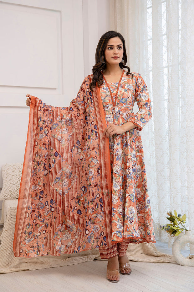 Women Peach Floral Printed Anarkali Kurta And Trouser With Dupatta