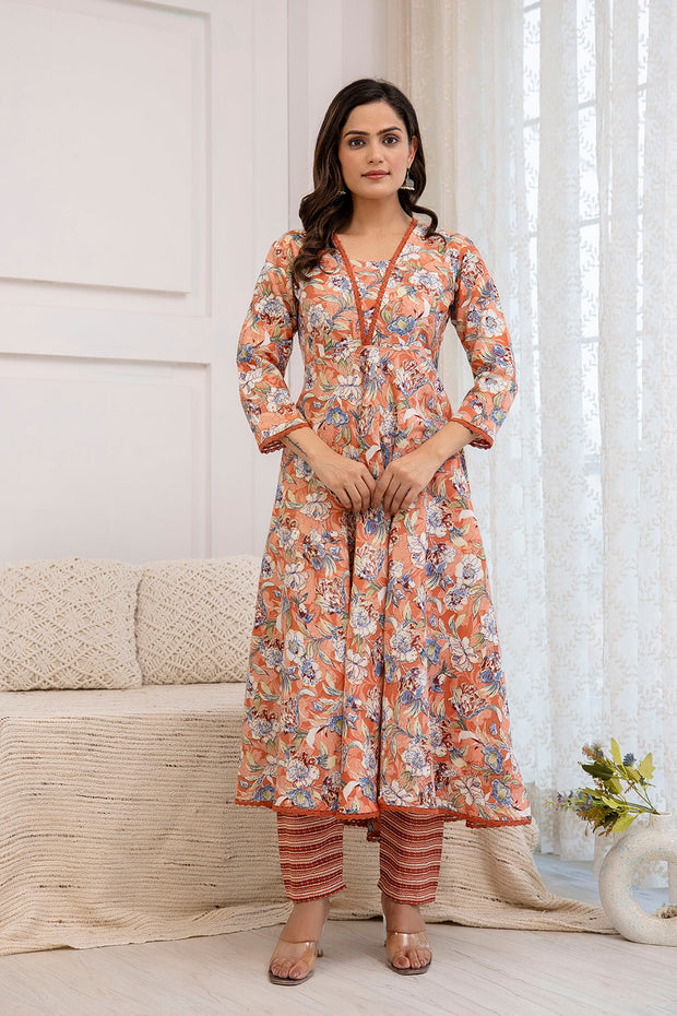 Women Peach Floral Printed Anarkali Kurta And Trouser With Dupatta