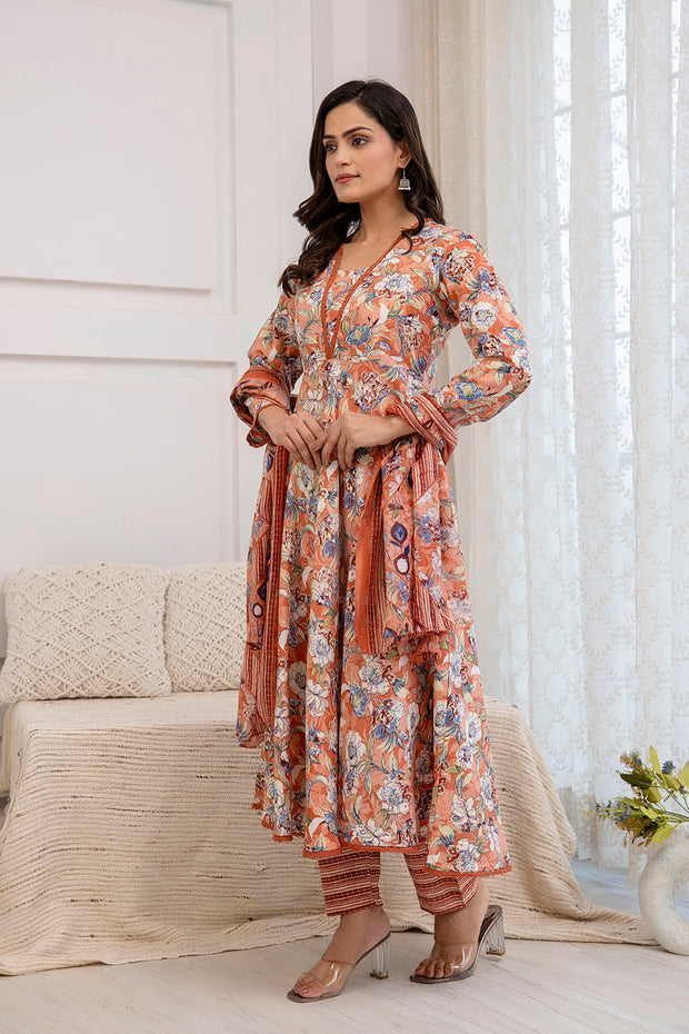 Women Peach Floral Printed Anarkali Kurta And Trouser With Dupatta