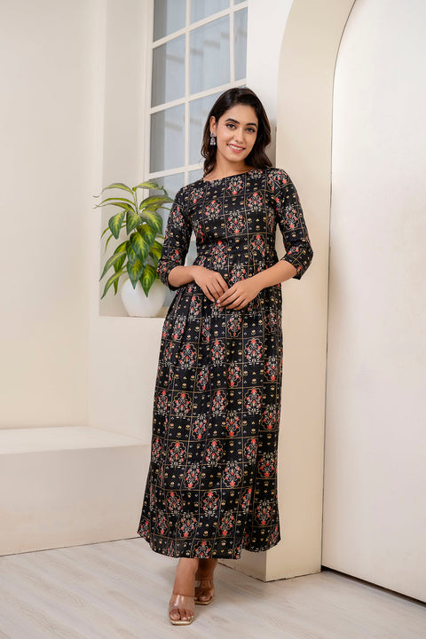 Women Black Ethnic Printed Dress with Gather