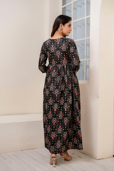 Women Black Ethnic Printed Dress with Gather