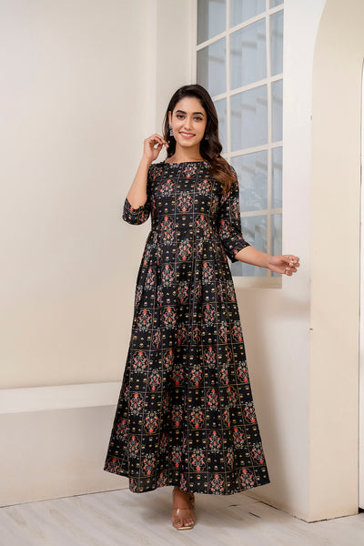 Women Black Ethnic Printed Dress with Gather