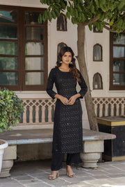 Women Black Embroidered Straight Kurta With Trouser And Net Dupatta