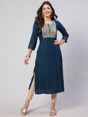 Women Teal Blue Embroidered Yoke Desgin Straight Kurta