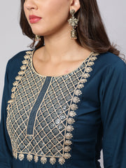 Women Teal Blue Embroidered Yoke Desgin Straight Kurta