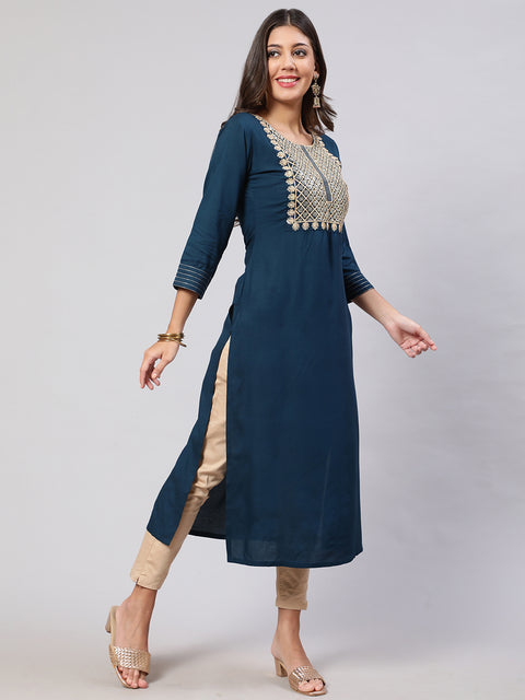 Women Teal Blue Embroidered Yoke Desgin Straight Kurta