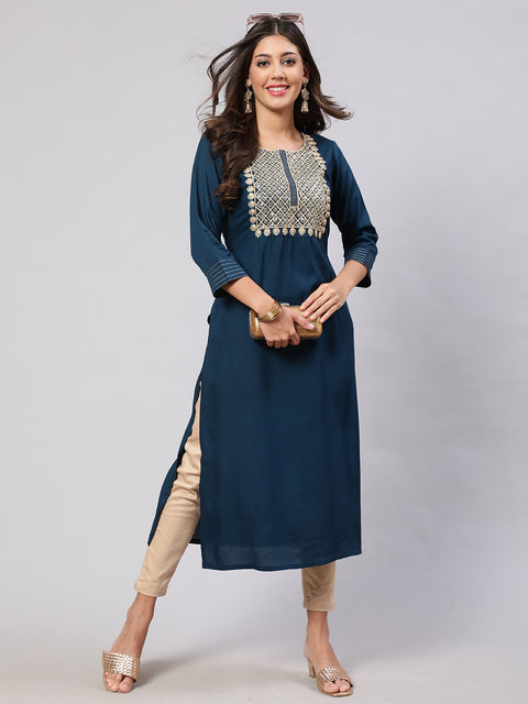 Women Teal Blue Embroidered Yoke Desgin Straight Kurta