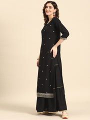 Women Black Embroidered Straight Kurta With Skirt And Net Dupatta