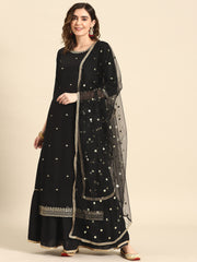 Women Black Embroidered Straight Kurta With Skirt And Net Dupatta