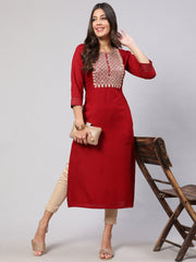 Women Maroon Embroidered Yoke Desgin Straight Kurta