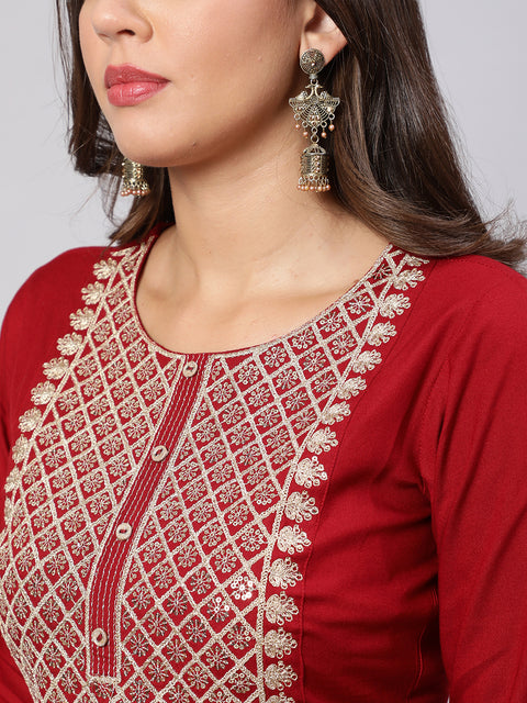 Women Maroon Embroidered Yoke Desgin Straight Kurta