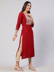 Women Maroon Embroidered Yoke Desgin Straight Kurta